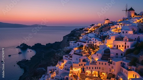 whitewashed houses with blue-domed roofs that cascade down the cliffs overlooking the sea