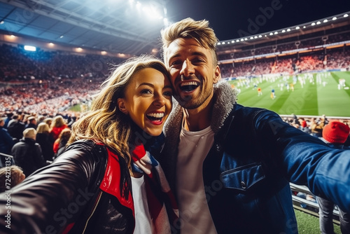 Engaged couple cheering for the sports team. Two fans taking selfie photos to celebrate the victory at the stadium. Young people smiling enthusiastically for the football team while taking photos. photo