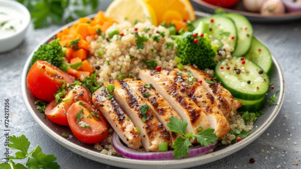 a well-portioned plate featuring grilled chicken, quinoa, and steamed vegetables a well-portioned plate featuring grilled chicken, quinoa, and steamed vegetables
