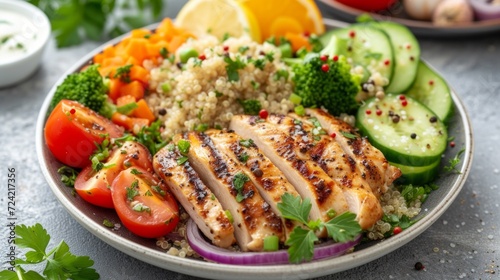  a well-portioned plate featuring grilled chicken, quinoa, and steamed vegetables
