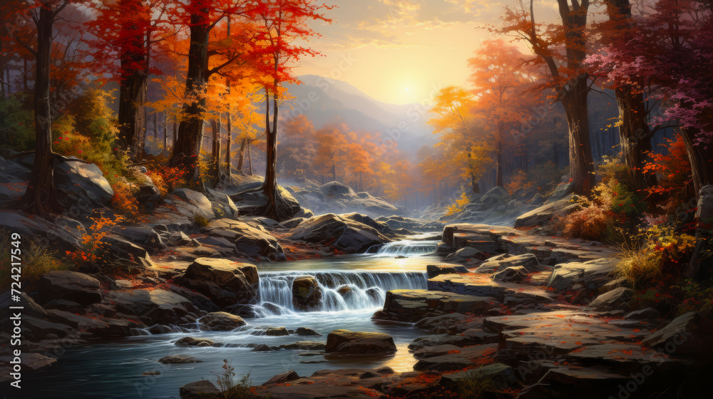 waterfall in the forest at the golden hour, watercolor illustration.