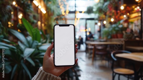 A Woman's Hand Holding a Phone with White Blank Screen at a Coffee Shop