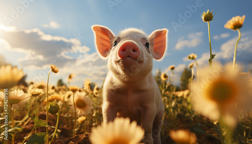 Cute piglet grazing in meadow, enjoying nature organic growth generated by AI © Jeronimo Ramos