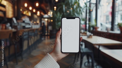 A Woman's Hand Holding a Phone with White Blank Screen at a Coffee Shop