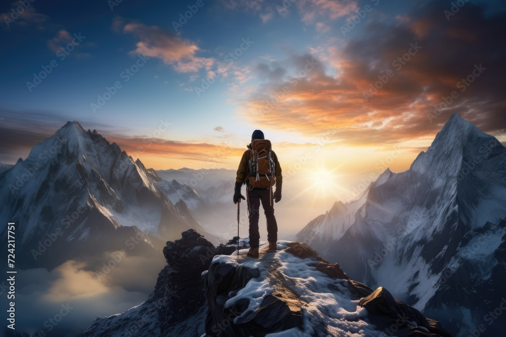 A hiker reaching the peak of a mountain at sunrise, symbolizing achievement and nature's majesty. Concept of adventure and personal challenge. Generative Ai.