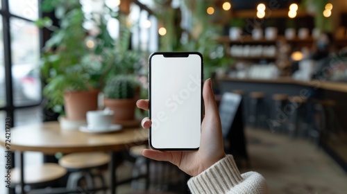 A Woman's Hand Holding a Phone with White Blank Screen at a Coffee Shop