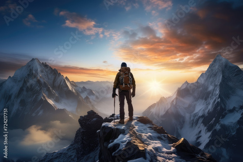 A hiker reaching the peak of a mountain at sunrise, symbolizing achievement and nature's majesty. Concept of adventure and personal challenge. Generative Ai.