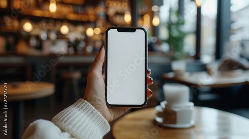 A Woman's Hand Holding a Phone with White Blank Screen at a Coffee Shop