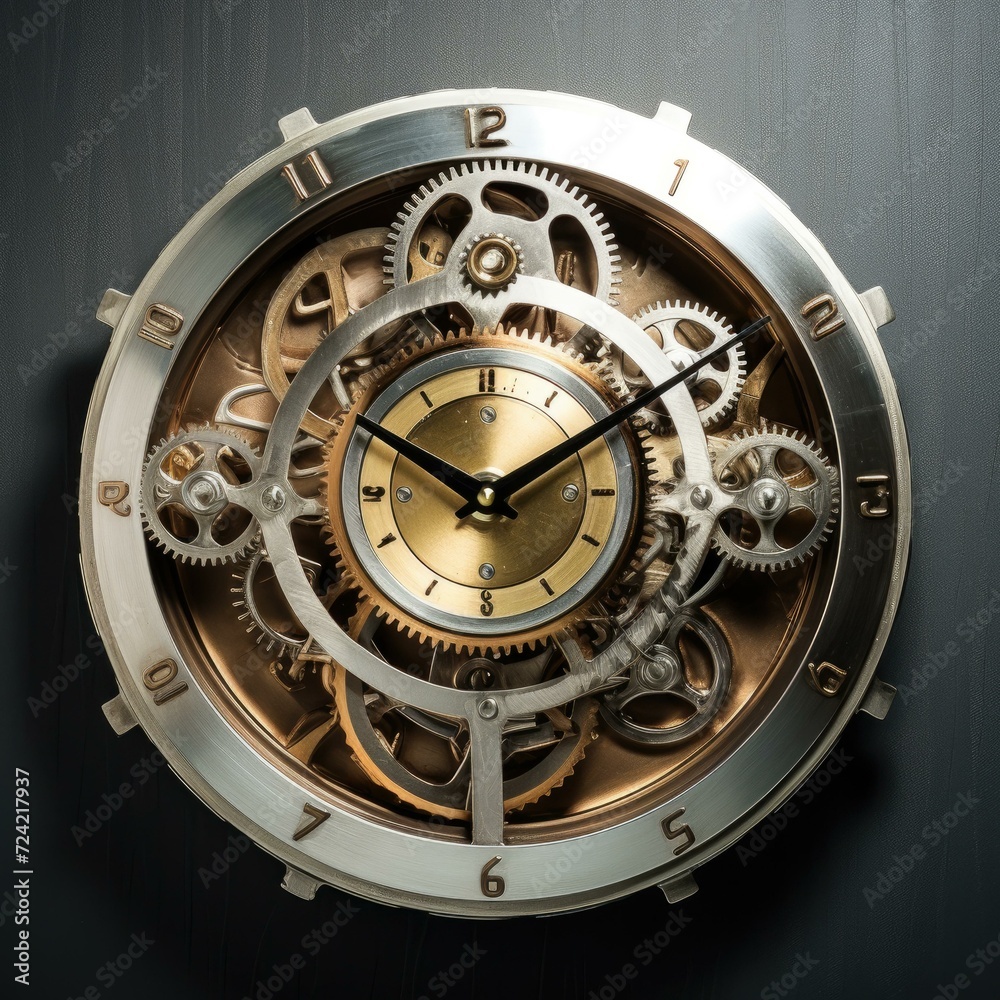 A stunning gold-faced gear clock. Generative AI. A stunning gold-faced gear clock. Generative AI.
