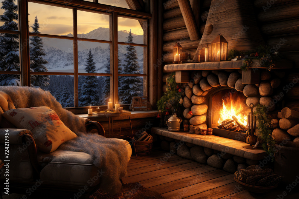 A cozy winter cabin with a fireplace, depicting a peaceful retreat during the cold months. Generative Ai. A cozy winter cabin with a fireplace, depicting a peaceful retreat during the cold months. Generative Ai.