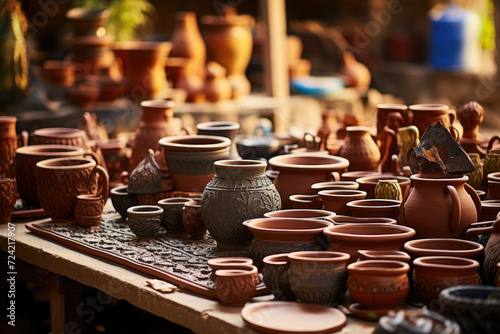 A traditional pottery workshop with various ceramic pieces, showcasing cultural heritage. Concept of artisan skills and cultural traditions. Generative Ai.