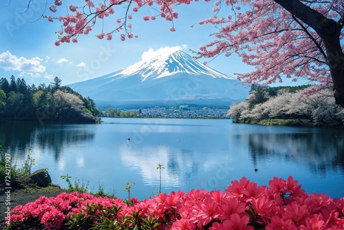 Mount Fuji reflecting in a Beautiful Lake, Surrounded by Pink Flowers. Beautiful Natural Scene with Cherry Blossom.