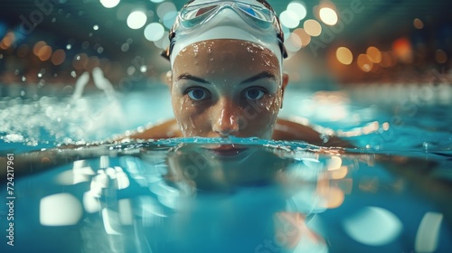An athlete swimmer is preparing to jump into a blue pool
