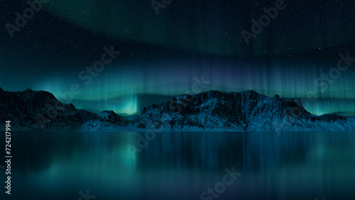 Blue Aurora Borealis over Snow covered Landscape. Majestic Northern Lights Background with copy-space.