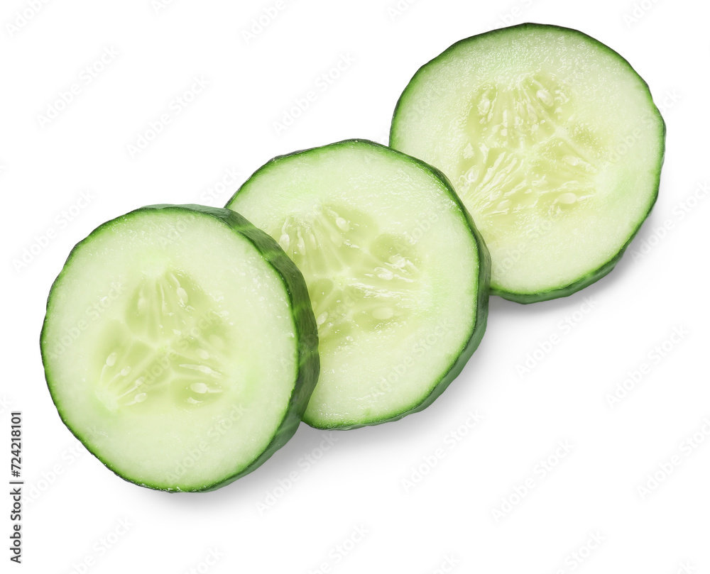 Slices of fresh cucumber isolated on white, top view Slices of fresh cucumber isolated on white, top view