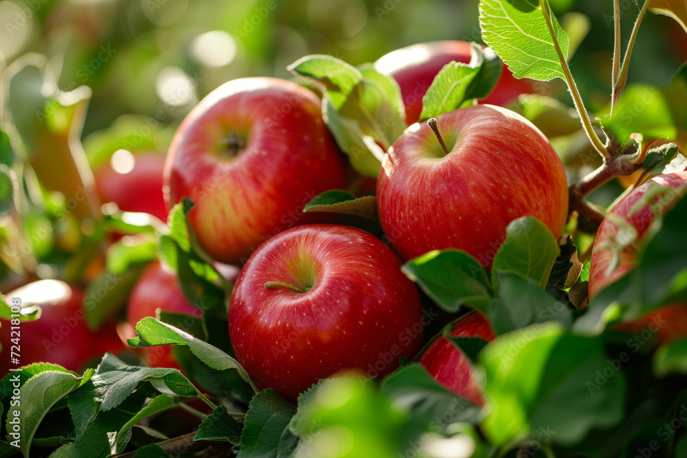 Harvest of ripe juicy red apples with green leaves in the rays of sunlight Harvest of ripe juicy red apples with green leaves in the rays of sunlight