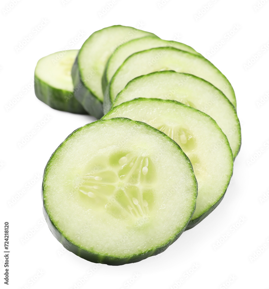 Slices of fresh cucumber isolated on white Slices of fresh cucumber isolated on white