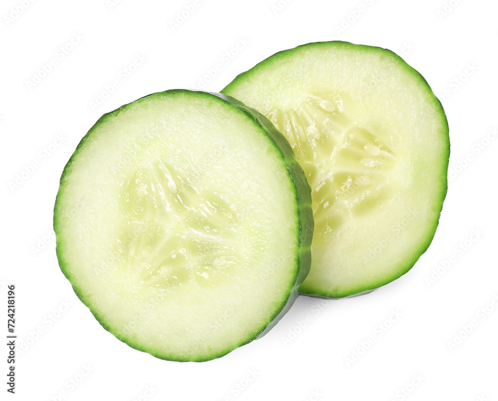 Slices of fresh cucumber isolated on white, above view Slices of fresh cucumber isolated on white, above view