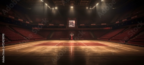 An empty basketball court illuminated by a spotlight, awaiting the roar of the crowd. Generative AI. photo