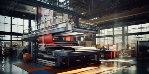 A futuristic automated printing press with robots, enhancing efficiency and speed. Generative AI. © serg3d