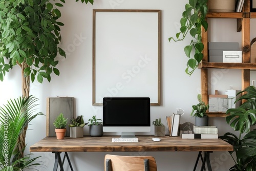 an empty frame hanging on a wooden top desk © olegganko