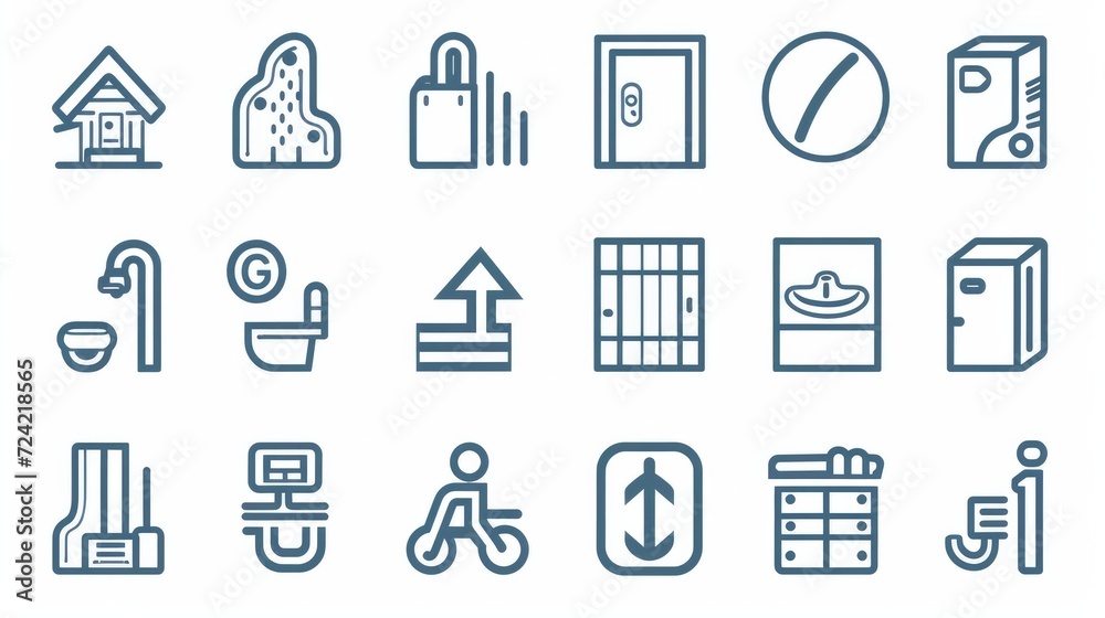 Way finding outline icon set. Arrows, staircase, exit, elevator, cafeteria, buffet, wardrobe, atm, wi-fi, cctv, parking, toilet line symbols. Prohibition pictograms in linear style. Vector graphics Way finding outline icon set. Arrows, staircase, exit, elevator, cafeteria, buffet, wardrobe, atm, wi-fi, cctv, parking, toilet line symbols. Prohibition pictograms in linear style. Vector graphics