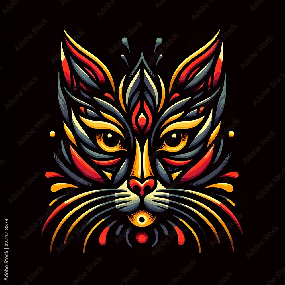 Fototapeta premium The image is an ornate, abstract illustration of a cat's face with intricate patterns and vibrant colors of red, yellow, and black against a dark background.