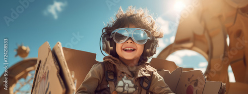 The child pretends that he is an aviator or a pilot on an airplane in the sky. Childhood dreams photo