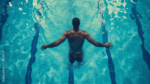 An athlete swimmer is preparing to jump into a blue pool