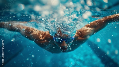 An athlete swimmer is preparing to jump into a blue pool