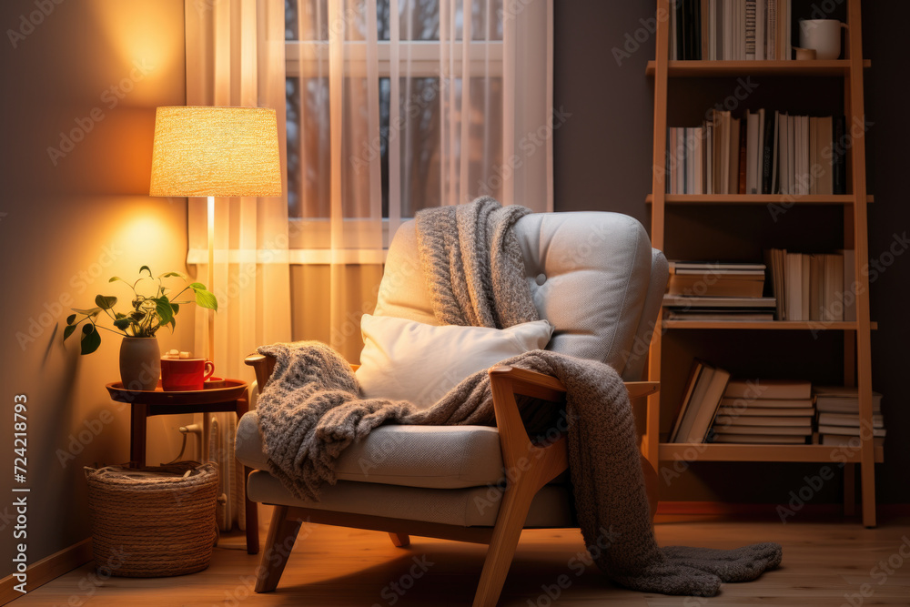 A cozy reading nook with a stack of books and a comfortable chair, symbolizing relaxation and literary love. Generative Ai. A cozy reading nook with a stack of books and a comfortable chair, symbolizing relaxation and literary love. Generative Ai.