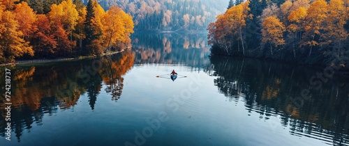 Rowing Boat in a Peaceful Lake Surrounded by Autumn Trees.