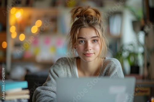 a young woman using a laptop in an office