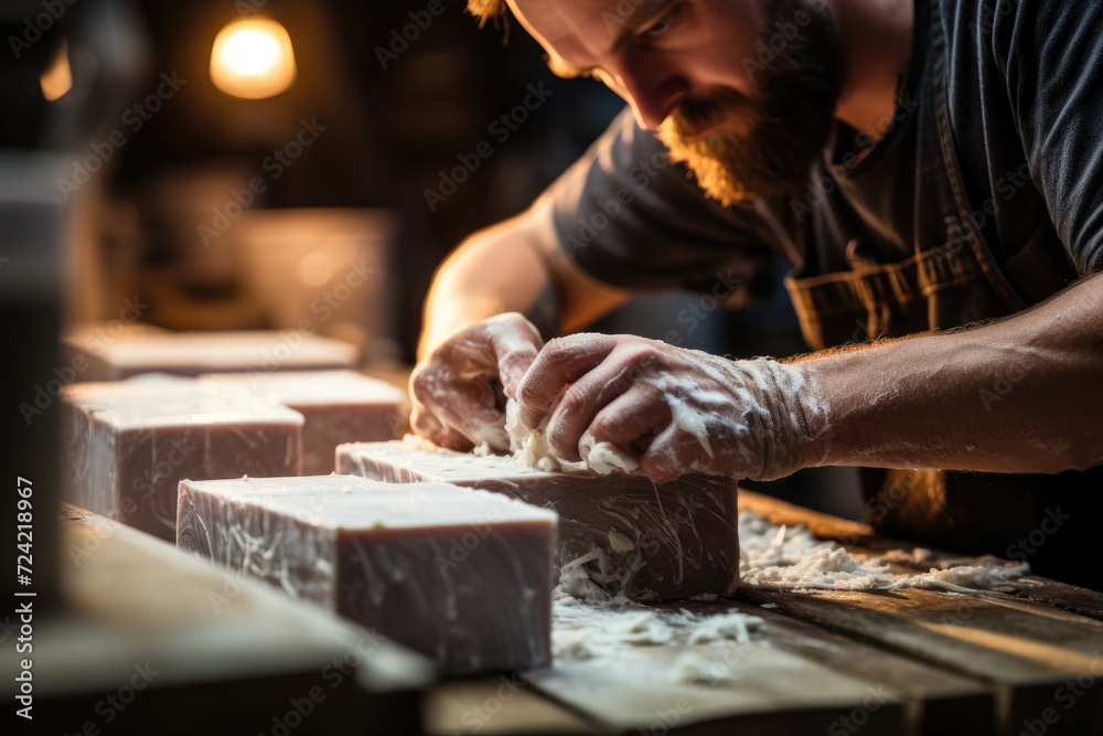 A person making handmade soap, symbolizing the art of natural beauty products and craftsmanship. Generative Ai. A person making handmade soap, symbolizing the art of natural beauty products and craftsmanship. Generative Ai.