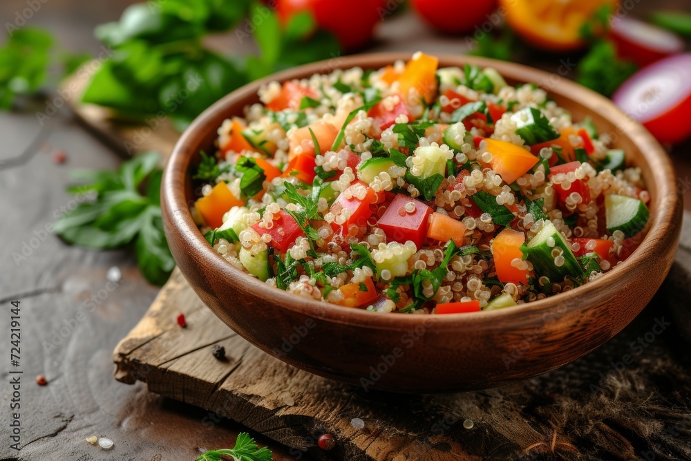An appetizing bowl filled with a quinoa salad adorned with a variety of crunchy vegetables and herbs An appetizing bowl filled with a quinoa salad adorned with a variety of crunchy vegetables and herbs