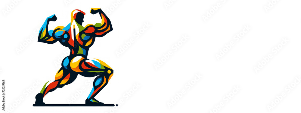 Abstract vector illustration of a muscular figure flexing, with vibrant multicolored patterns against a white background.
