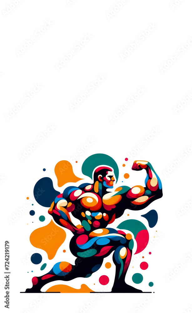 Abstract vector illustration of a muscular figure flexing, with vibrant multicolored patterns against a white background.
