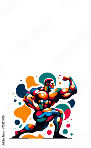 Abstract vector illustration of a muscular figure flexing, with vibrant multicolored patterns against a white background. 