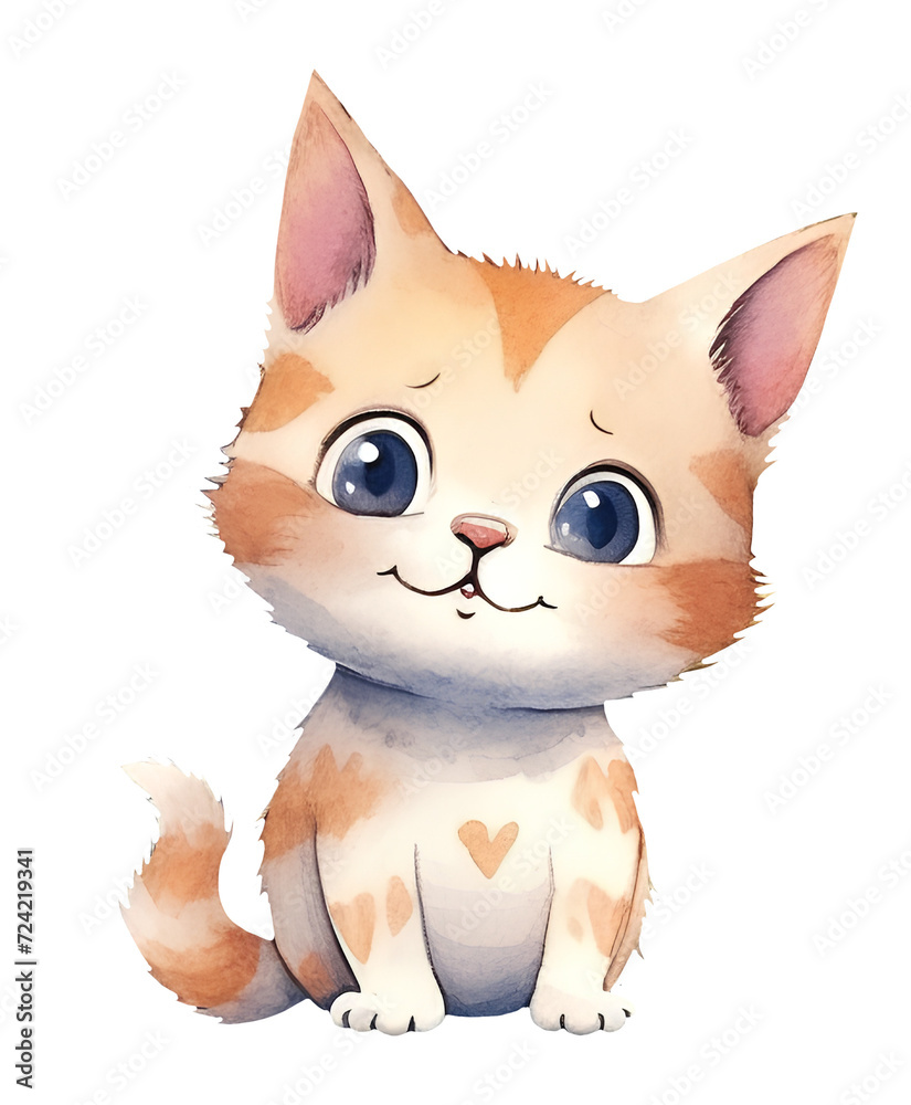 Fototapeta premium Watercolor illustration of a cute cartoon cat. Kitten, Pet, Baby animals. Simple, naive style. Transparent background, png
