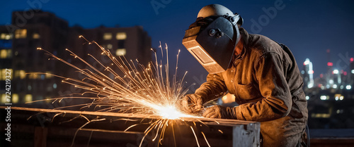 Skilled builder welder working on a steel structure at a busy construction site. Ideal for illustrating industrial processes and construction projects