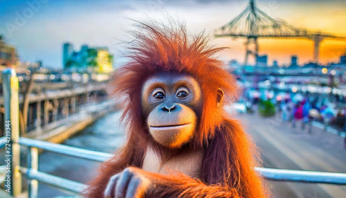sweet funny cute smiling face baby orang-utan with big eyes punk hair style on footpath on Sydney footpath harbour bridge