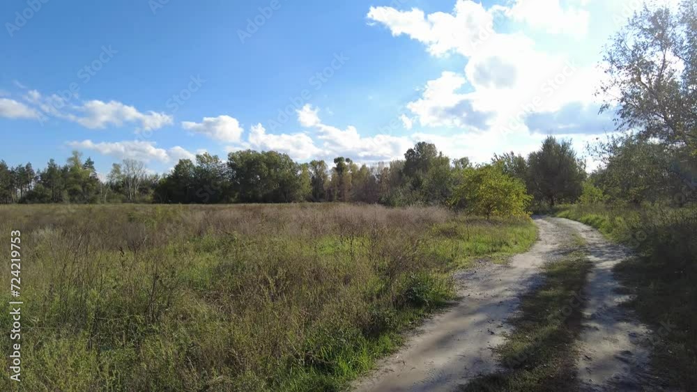 landscape forest field and blue sky. video 4k. footage in high definition. Blue sky with white clouds, shining sun, green fields, tree in center of field, forest on horizon. Nobody nature landscape. landscape forest field and blue sky. video 4k. footage in high definition. Blue sky with white clouds, shining sun, green fields, tree in center of field, forest on horizon. Nobody nature landscape.