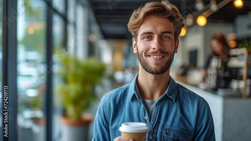 A young handsome businessman is holding a paper glass of coffee in his hands