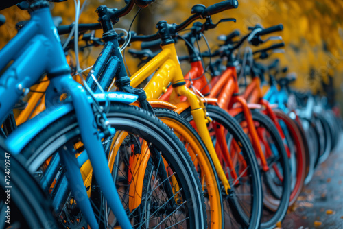Rows of colorful bicycles parked neatly, symbolizing the eco-friendly trend of bike commuting in urban environments. Concept of sustainable transportation. Generative Ai.