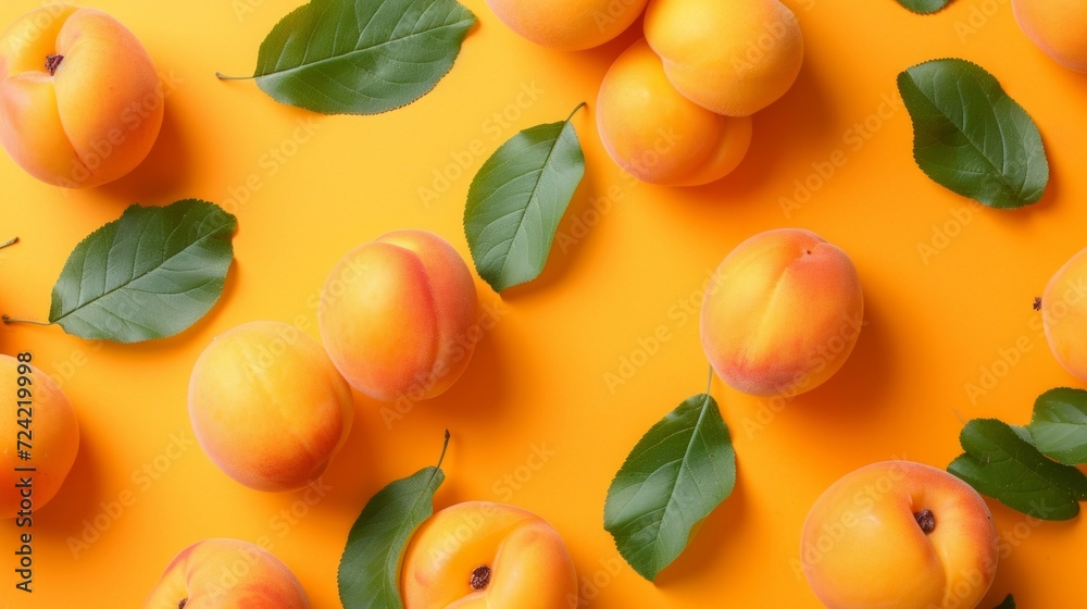 Apricots with leaves arranged on an orange background, viewed from the top in a flat lay style Apricots with leaves arranged on an orange background, viewed from the top in a flat lay style