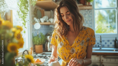 A young beautiful woman in a red floral dress prepares tea with mint leaves i...