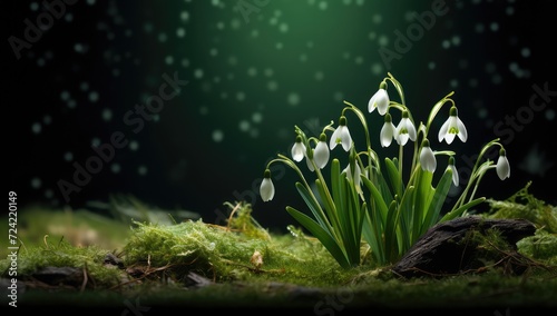 Emerging Snowdrops: High-Resolution Diorama of Snowdrops Growing in Ground Against a Dark Background photo