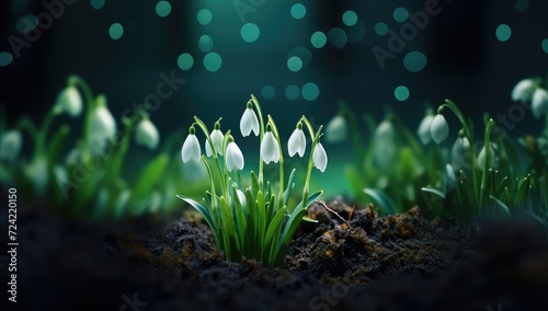Emerging Snowdrops: High-Resolution Diorama of Snowdrops Growing in Ground Against a Dark Background photo