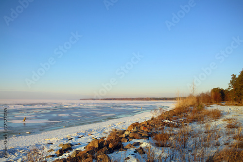 Calming winter lake landscape. Frozen lake with ice.
