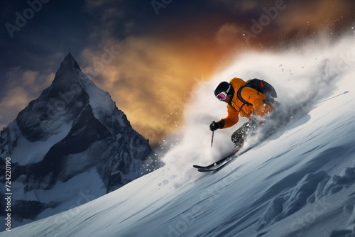 A man in an orange ski suit, goggles and a helmet skis down the mountain, a slope overlooking the gloomy winter mountains